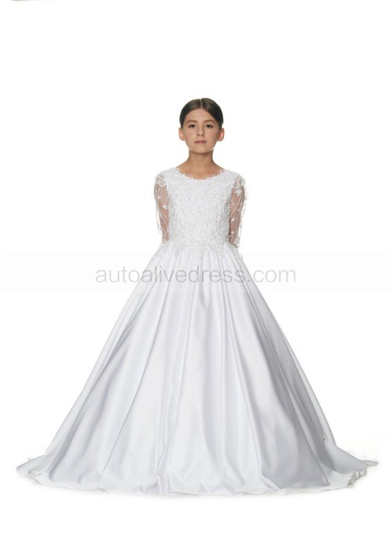 Transparent Long Sleeves Beaded White Lace Satin Flower Girl Dress Transparent Long Sleeves Beaded White Lace Satin Flower Girl Dress